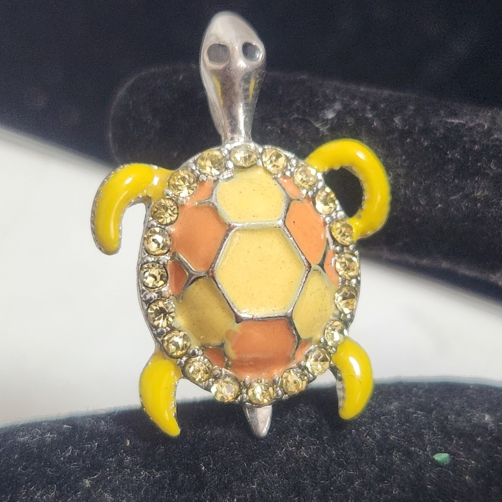 Yellow Orange Enamel Sea Turtle Pendant Rhinestone Silver Tone Turtle Charm‎